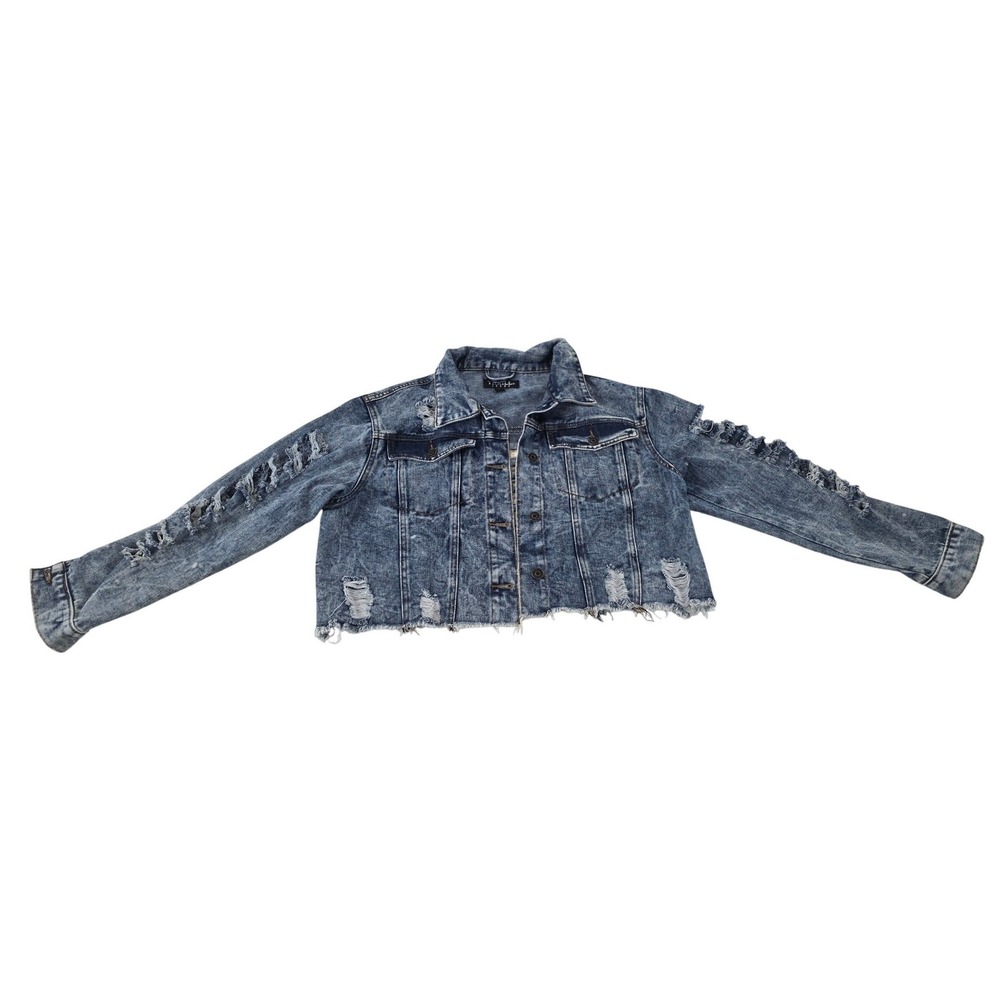 Thrill Jeans Womens Acid Wash Distressed Cropped Denim Jacket Blue L Shredded - Picture 2 of 9